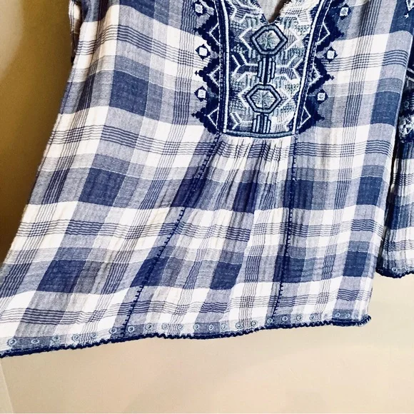 Johnny Was Simonee Flare Sleeve Blouse Plaid Geometric Embroidery Blue Size XS